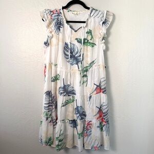 Tropical Leaf Mini Dress Medium Blue White Ruffle Sleeve Beach Vacation